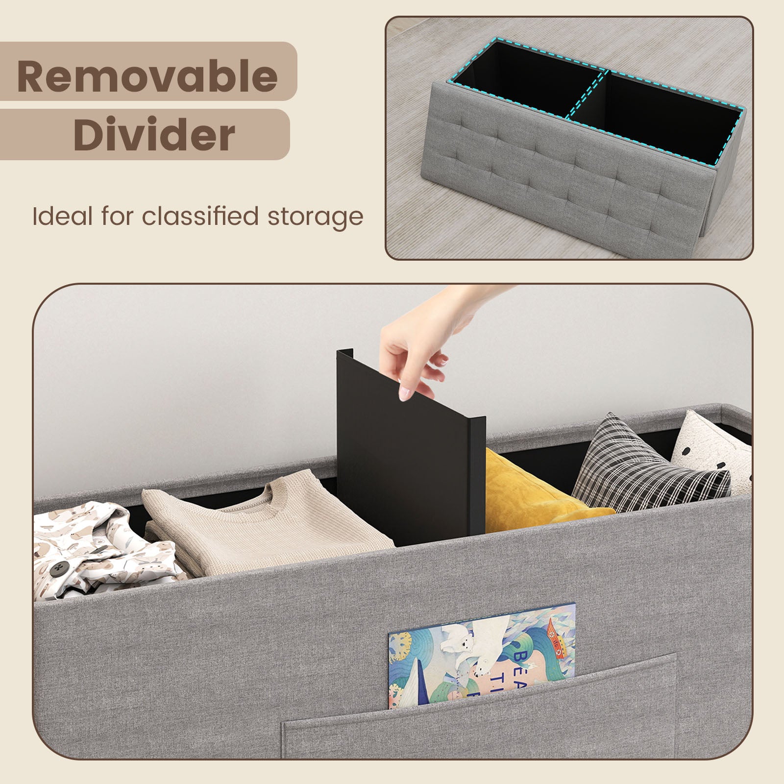 43 Inches Folding Storage Ottoman Bench Linen End of Bed Bench with Padded Seat-Light Gray