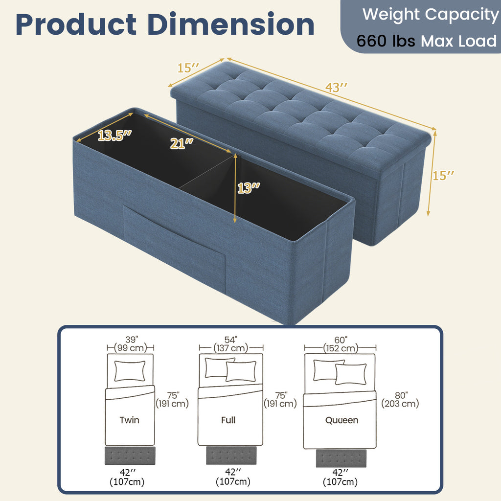 43 Inches Folding Storage Ottoman Bench Linen End of Bed Bench with Padded Seat-Navy