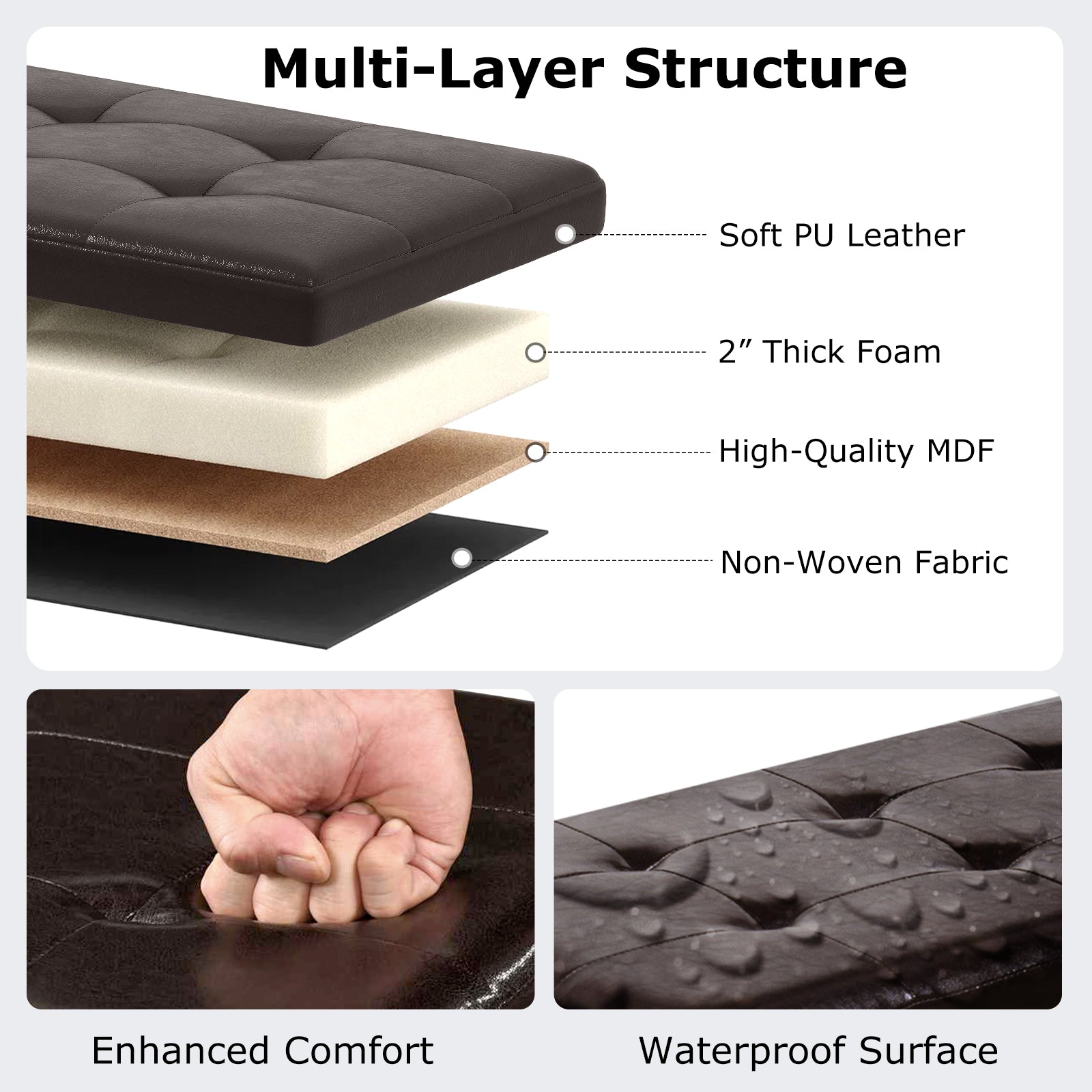 43 Inches Folding Storage Ottoman Bench Foot Rest Stool End of Bed Bench-Brown