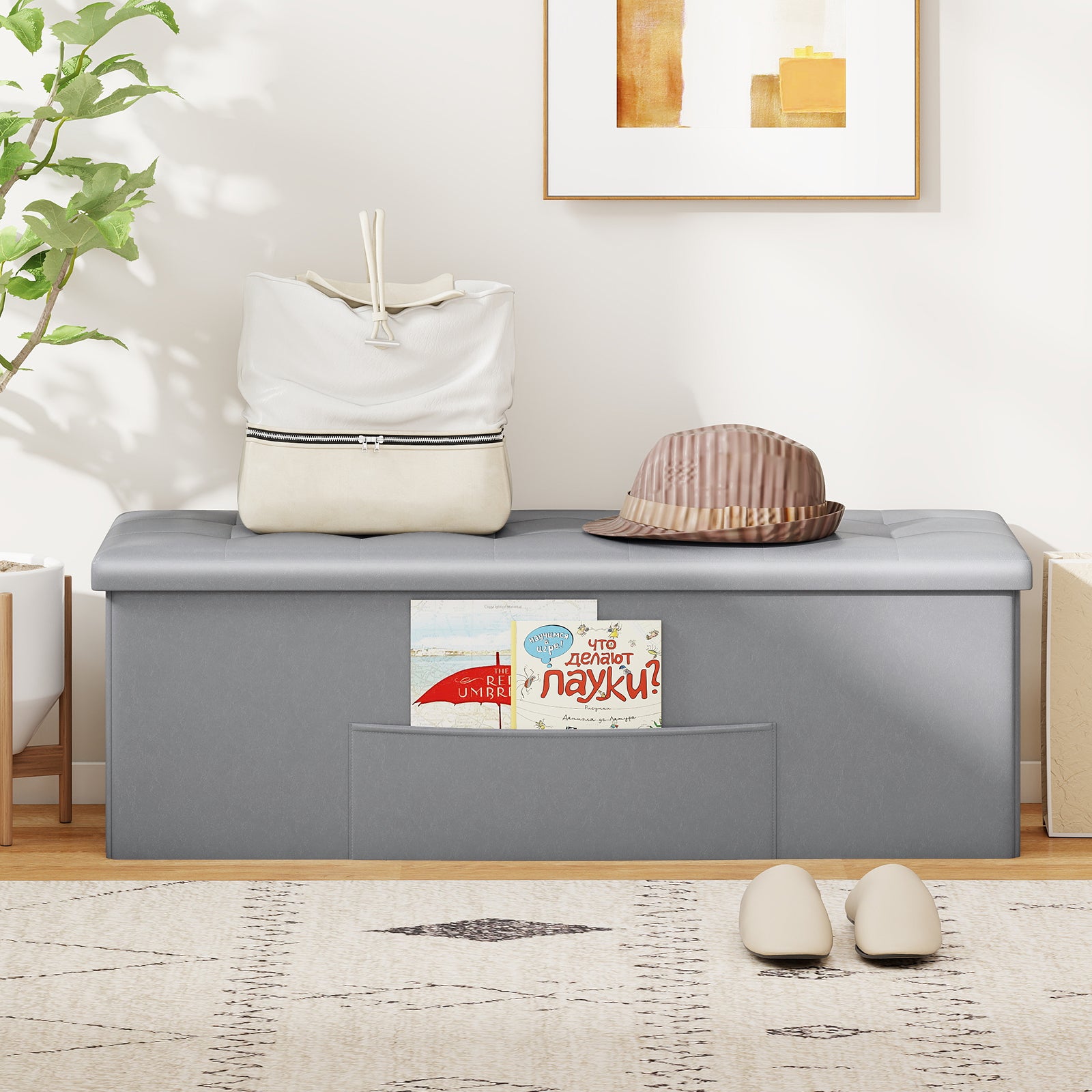 43 Inches Folding Storage Ottoman Bench Foot Rest Stool End of Bed Bench-Gray