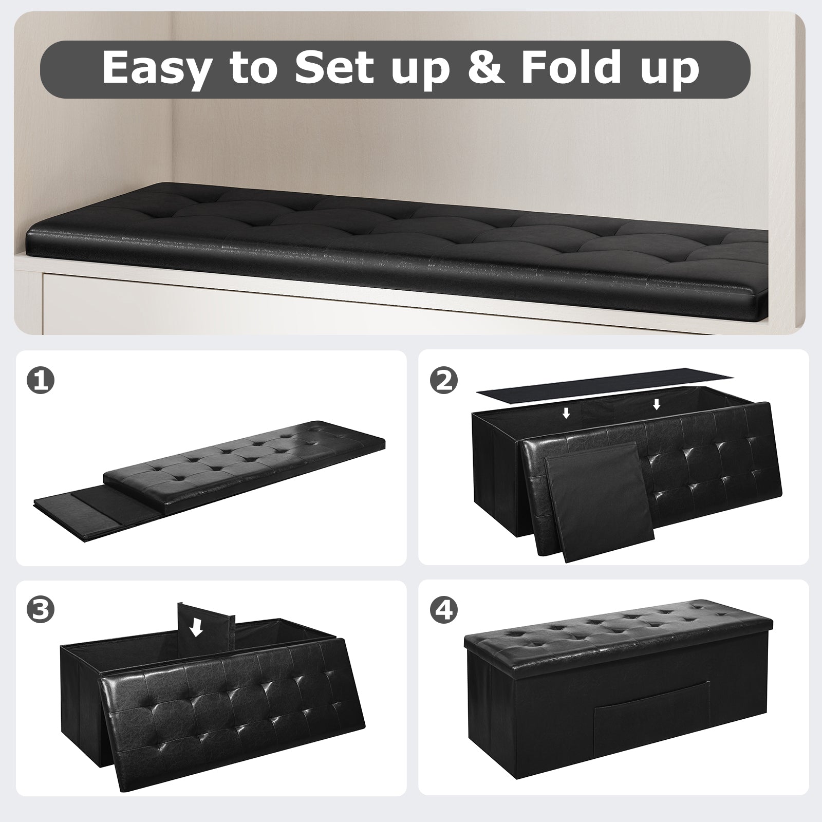 43 Inches Folding Storage Ottoman Bench Foot Rest Stool End of Bed Bench-Black