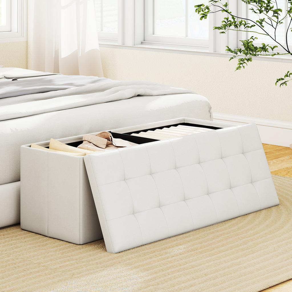 43 Inches Folding Storage Ottoman Bench Foot Rest Stool End of Bed Bench-White