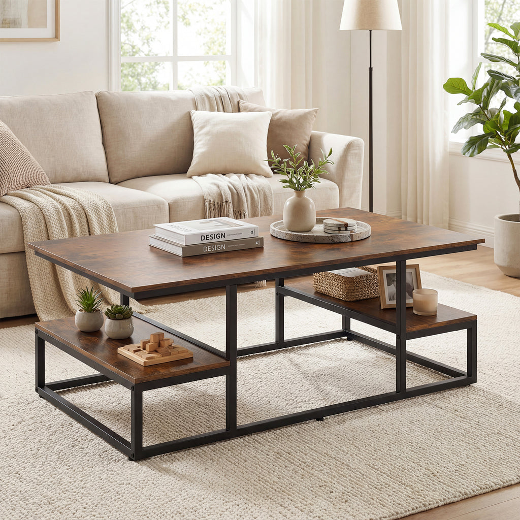 43" Rectangle Coffee Table with Storage and Open Shelves-Rusticbrown