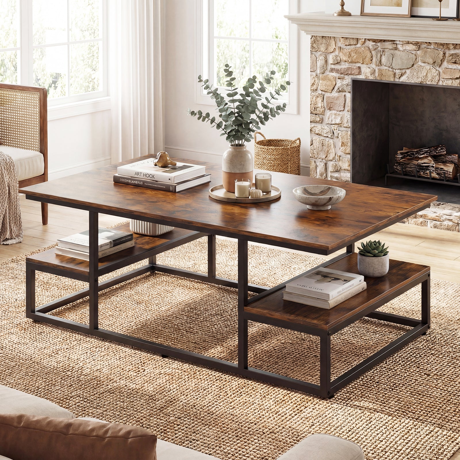 43" Rectangle Coffee Table with Storage and Open Shelves-Rusticbrown