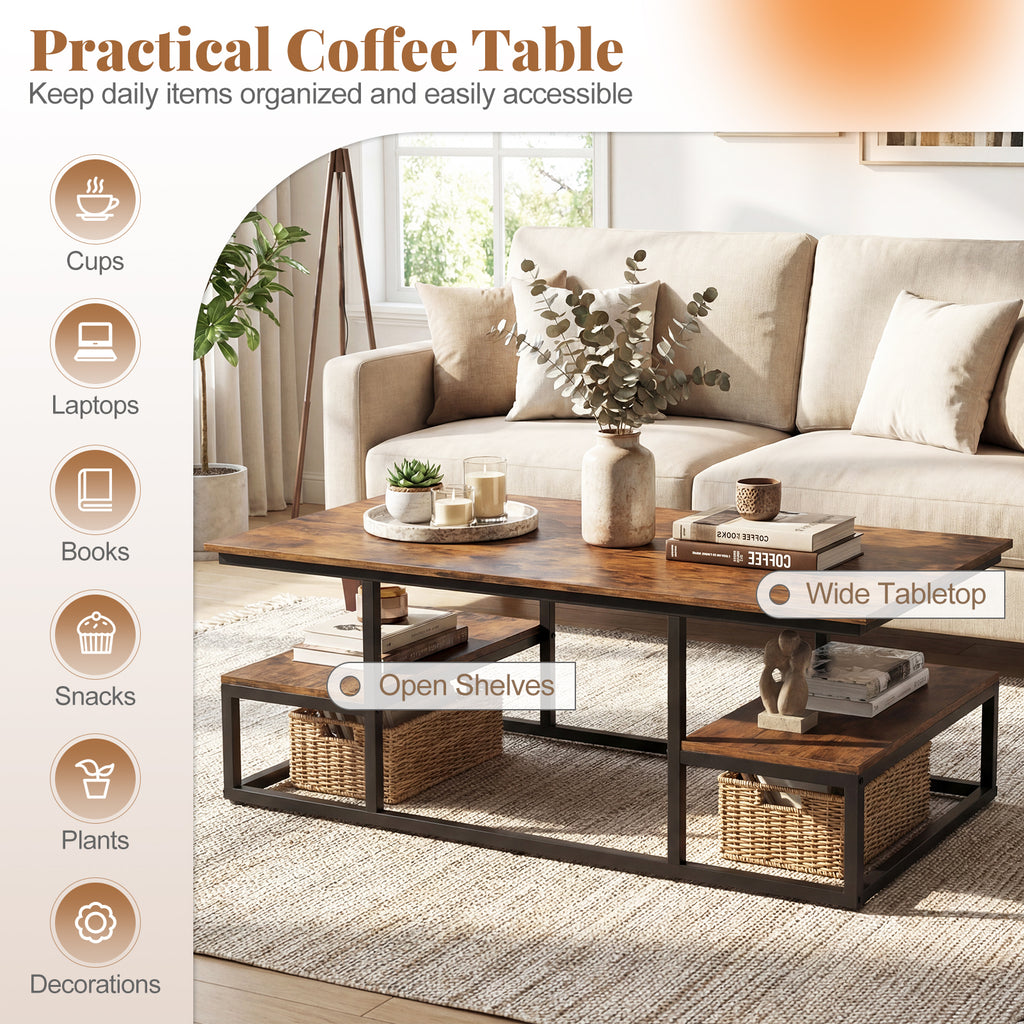 43" Rectangle Coffee Table with Storage and Open Shelves-Rusticbrown