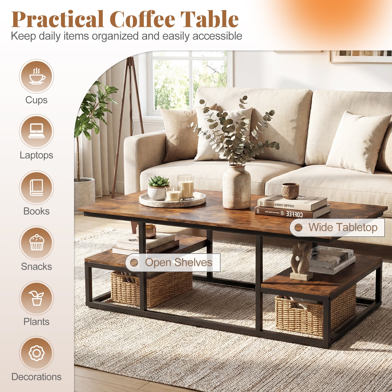 43" Rectangle Coffee Table with Storage and Open Shelves-Rusticbrown