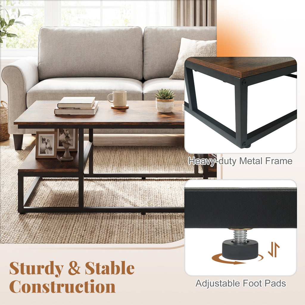 43" Rectangle Coffee Table with Storage and Open Shelves-Rusticbrown