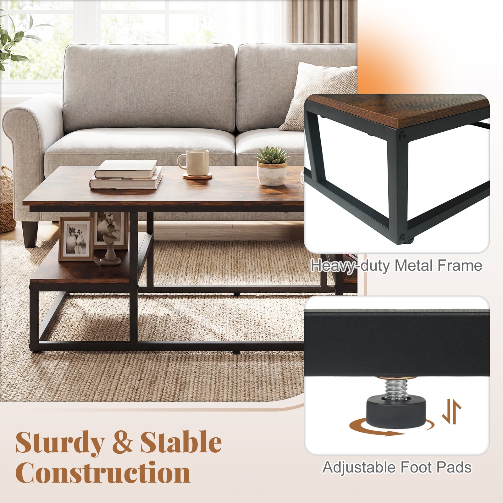 43" Rectangle Coffee Table with Storage and Open Shelves-Rusticbrown
