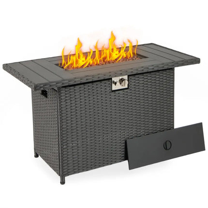 44.5 Inch Propane Fire Pit Table Rattan Gas 2-in-1 with Stainless Steel Burner-Black - Black - Fire Pits