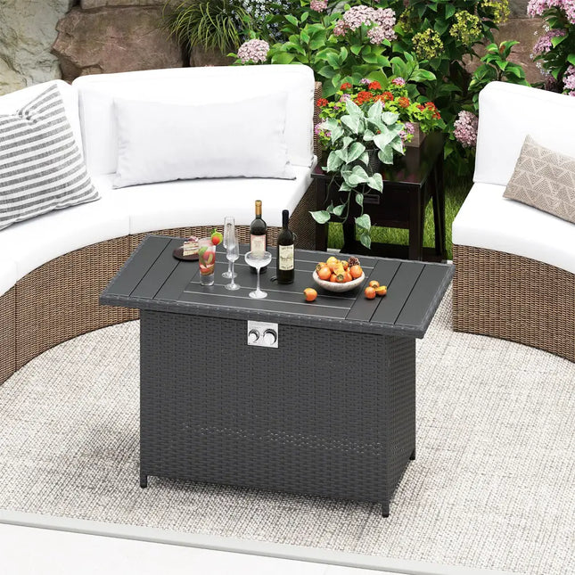 44.5 Inch Propane Fire Pit Table Rattan Gas 2-in-1 with Stainless Steel Burner-Black - Black - Fire Pits