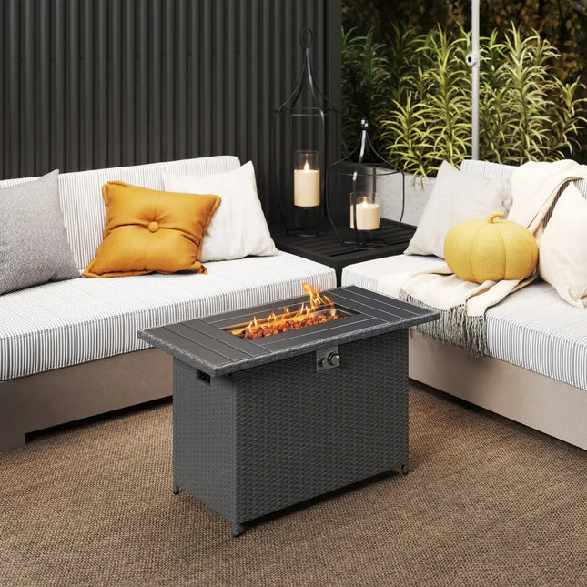 44.5 Inch Propane Fire Pit Table Rattan Gas 2-in-1 with Stainless Steel Burner-Black - Black - Fire Pits
