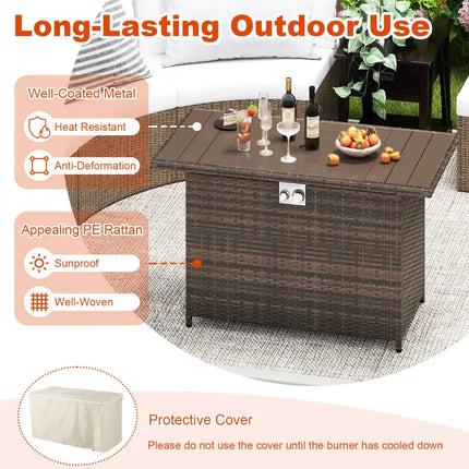 44.5 Inch Propane Fire Pit Table Rattan Gas 2-in-1 with Stainless Steel Burner-Brown - Brown - Fire Pits