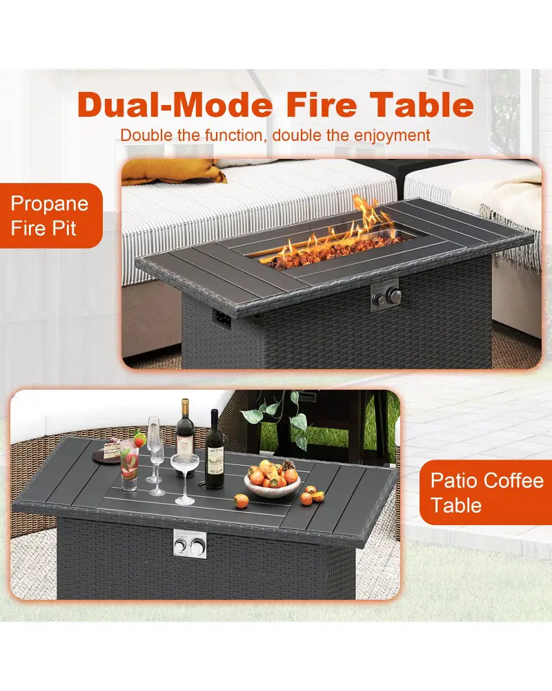 44.5 Inch Propane Fire Pit Table Rattan Gas 2-in-1 with Stainless Steel Burner-Black - Black - Fire Pits