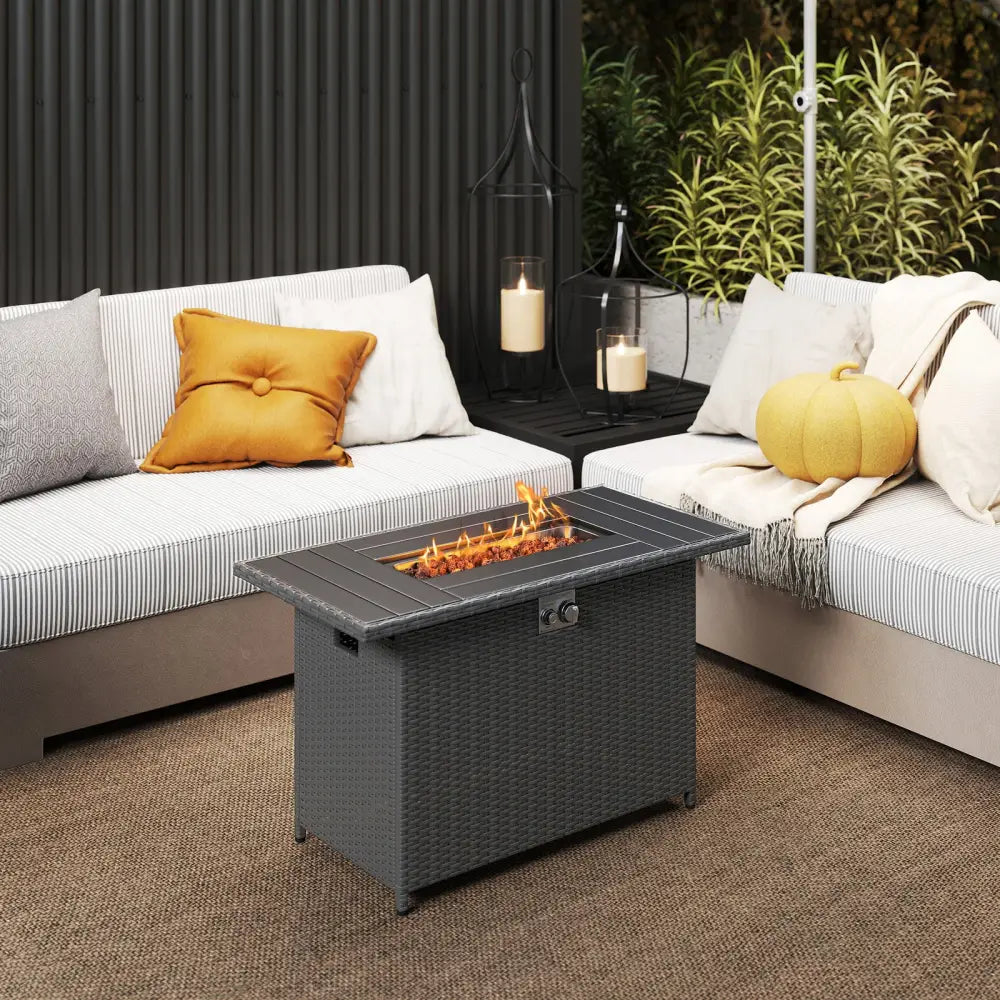 44.5 Inch Propane Fire Pit Table Rattan Gas 2-in-1 with Stainless Steel Burner-Black - Black - Fire Pits