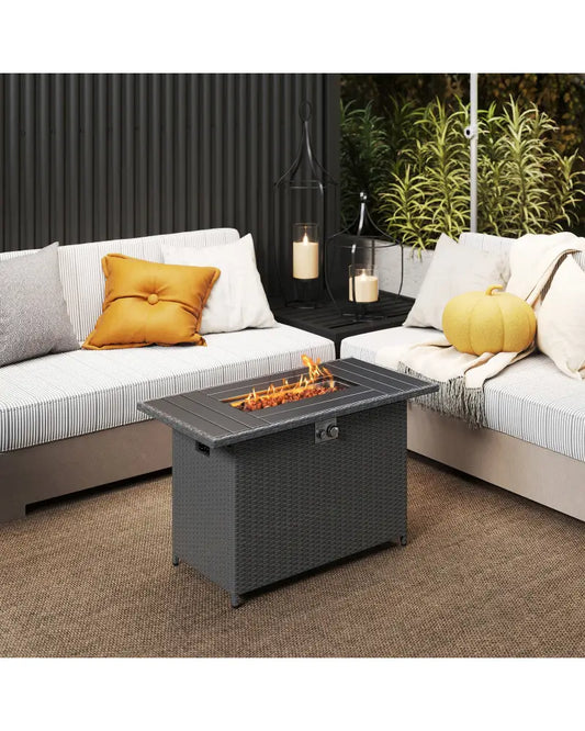 44.5 Inch Propane Fire Pit Table Rattan Gas 2-in-1 with Stainless Steel Burner-Black - Black - Fire Pits