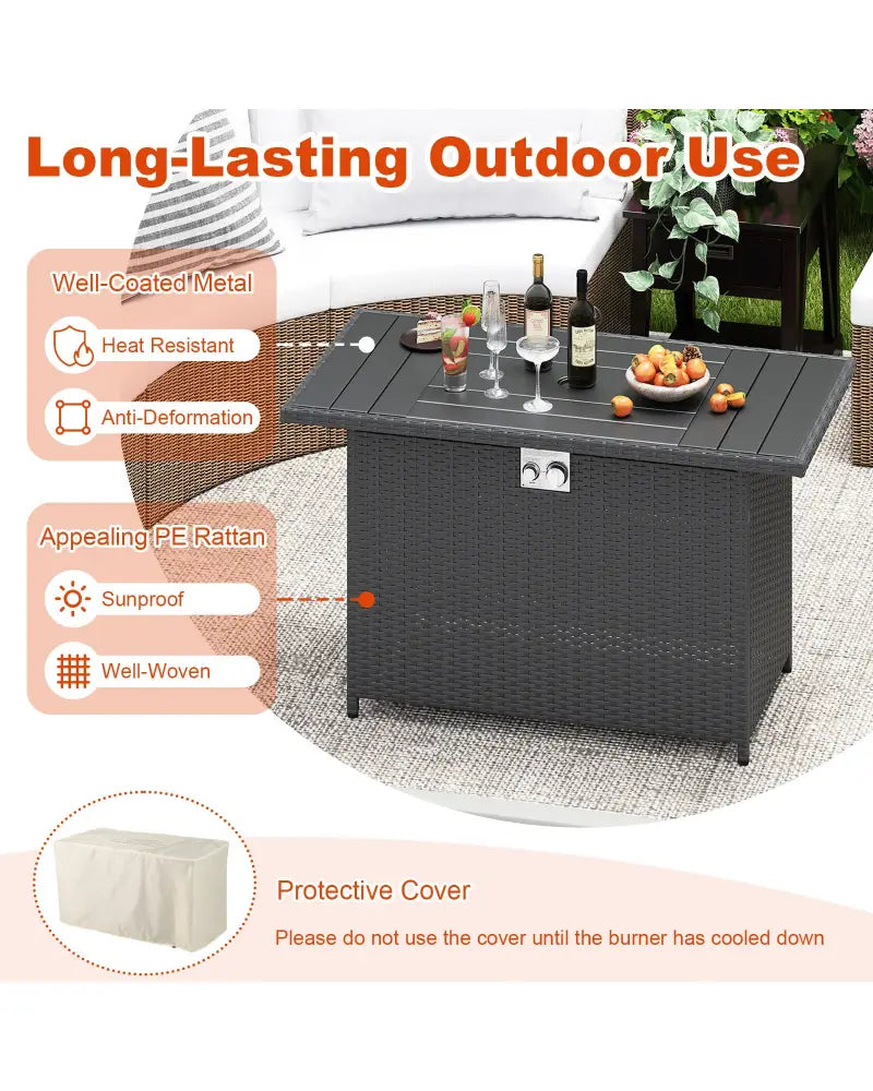 44.5 Inch Propane Fire Pit Table Rattan Gas 2-in-1 with Stainless Steel Burner-Black - Black - Fire Pits