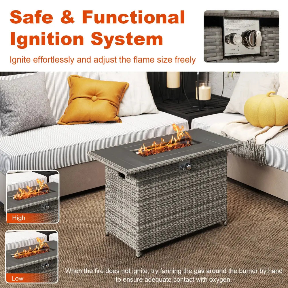 44.5 Inch Propane Fire Pit Table Rattan Gas 2-in-1 with Stainless Steel Burner-Gray - Gray - Fire Pits
