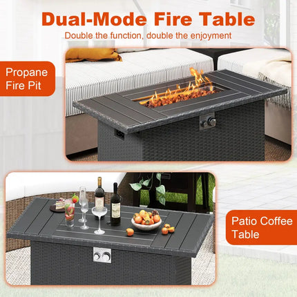 44.5 Inch Propane Fire Pit Table Rattan Gas 2-in-1 with Stainless Steel Burner-Black - Black - Fire Pits