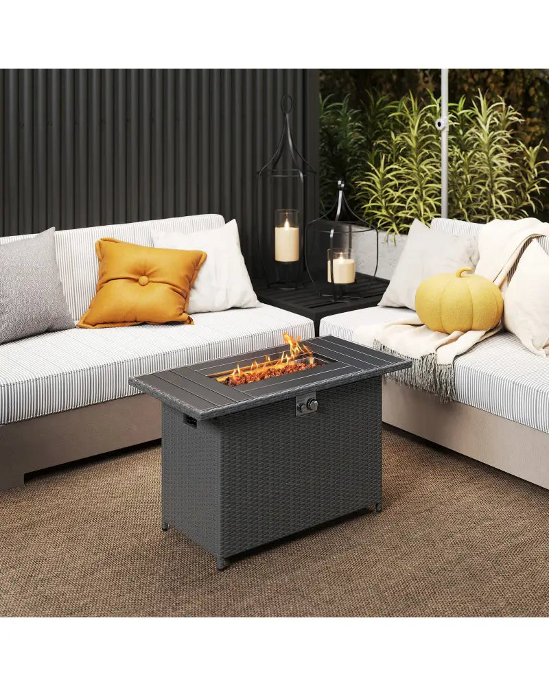 44.5 Inch Propane Fire Pit Table Rattan Gas 2-in-1 with Stainless Steel Burner-Black - Black - Fire Pits