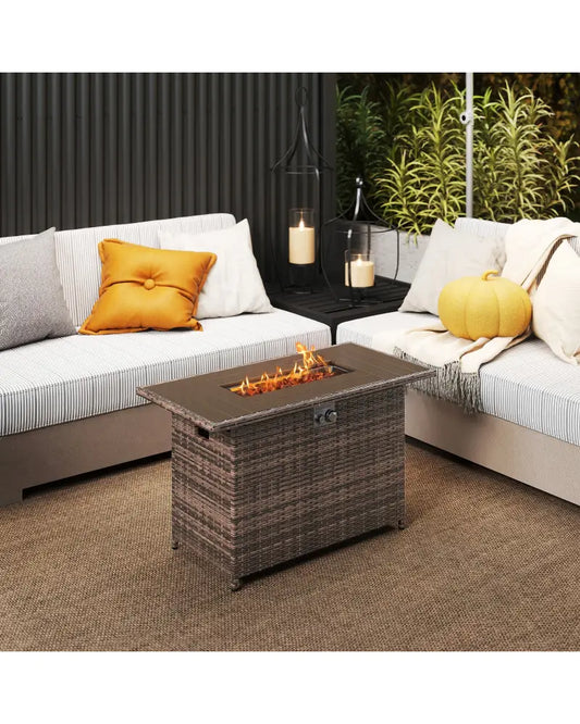 44.5 Inch Propane Fire Pit Table Rattan Gas 2-in-1 with Stainless Steel Burner-Brown - Brown - Fire Pits