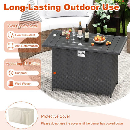 44.5 Inch Propane Fire Pit Table Rattan Gas 2-in-1 with Stainless Steel Burner-Black - Black - Fire Pits