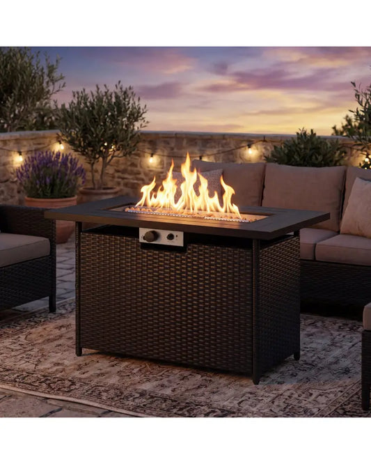 44.5 Inch Propane Fire Pit Table Rattan Gas 2-in-1 with Stainless Steel Burner-Black & Gray - Black & Gray - Fire Pits
