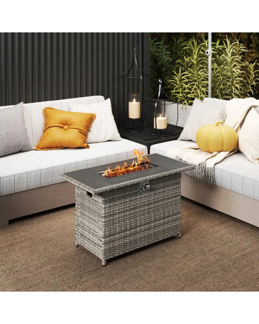 44.5 Inch Propane Fire Pit Table Rattan Gas 2-in-1 with Stainless Steel Burner-Gray - Gray - Fire Pits