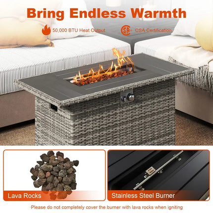 44.5 Inch Propane Fire Pit Table Rattan Gas 2-in-1 with Stainless Steel Burner-Gray - Gray - Fire Pits