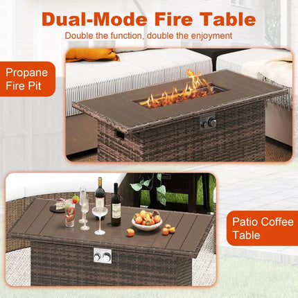 44.5 Inch Propane Fire Pit Table Rattan Gas 2-in-1 with Stainless Steel Burner-Brown - Brown - Fire Pits