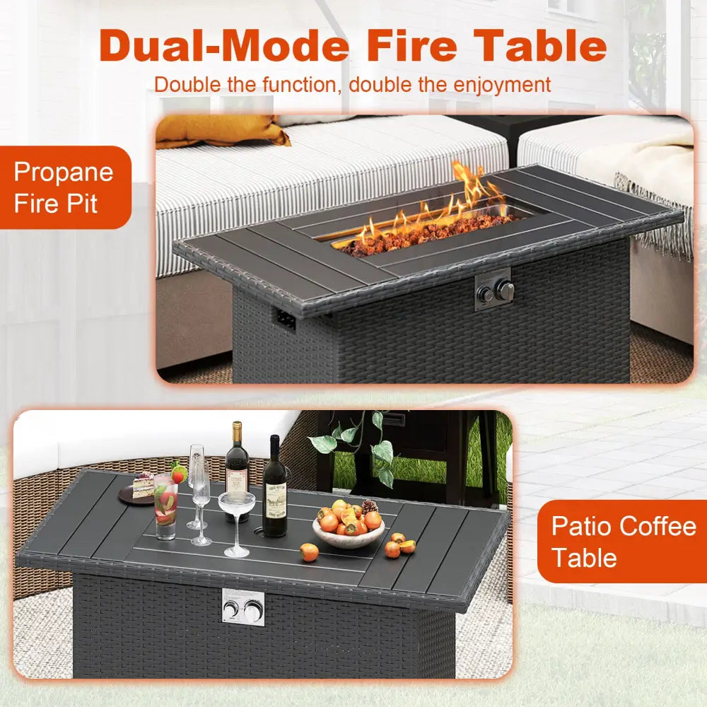 44.5 Inch Propane Fire Pit Table Rattan Gas 2-in-1 with Stainless Steel Burner-Black - Black - Fire Pits