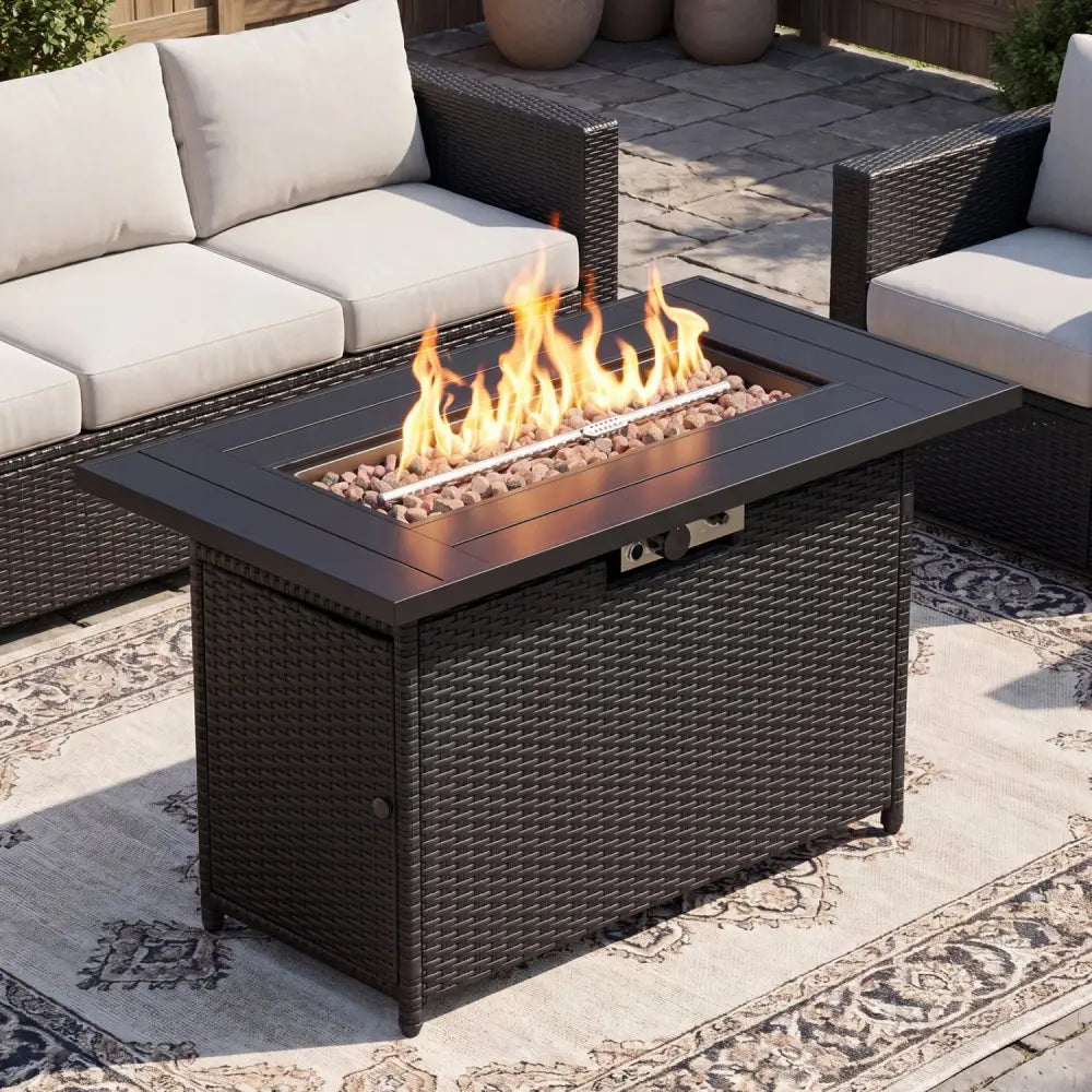 44.5 Inch Propane Fire Pit Table Rattan Gas 2-in-1 with Stainless Steel Burner-Black & Gray - Black & Gray - Fire Pits