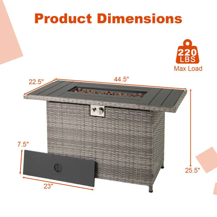44.5 Inch Propane Fire Pit Table Rattan Gas 2-in-1 with Stainless Steel Burner-Gray - Gray - Fire Pits