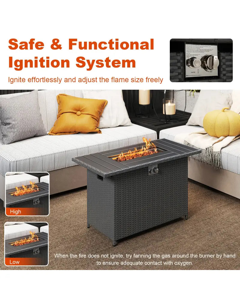 44.5 Inch Propane Fire Pit Table Rattan Gas 2-in-1 with Stainless Steel Burner-Black - Black - Fire Pits