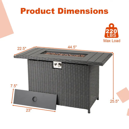 44.5 Inch Propane Fire Pit Table Rattan Gas 2-in-1 with Stainless Steel Burner-Black - Black - Fire Pits