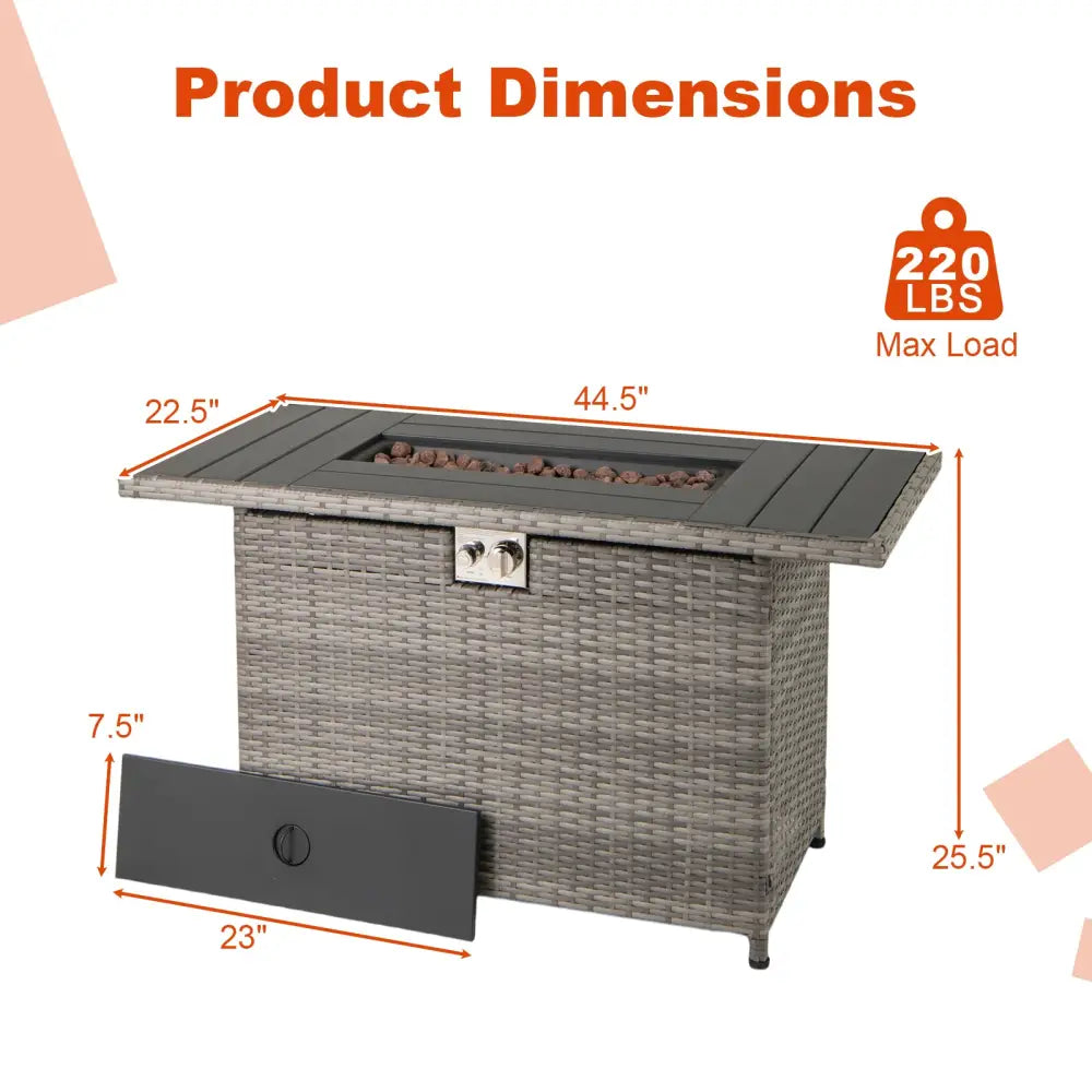 44.5 Inch Propane Fire Pit Table Rattan Gas 2-in-1 with Stainless Steel Burner-Gray - Gray - Fire Pits