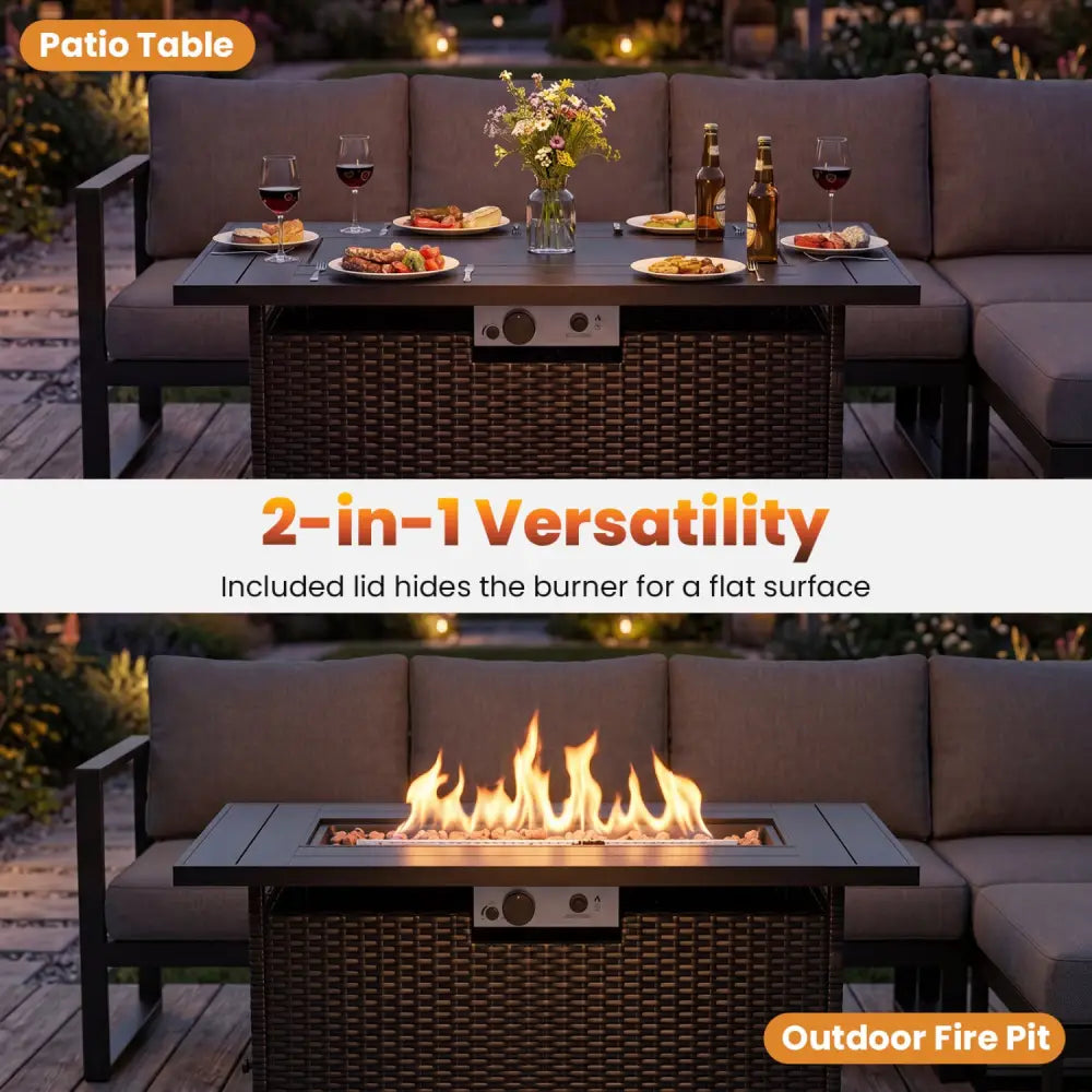 44.5 Inch Propane Fire Pit Table Rattan Gas 2-in-1 with Stainless Steel Burner-Black & Gray - Black & Gray - Fire Pits