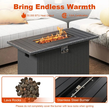 44.5 Inch Propane Fire Pit Table Rattan Gas 2-in-1 with Stainless Steel Burner-Black - Black - Fire Pits