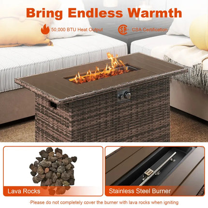 44.5 Inch Propane Fire Pit Table Rattan Gas 2-in-1 with Stainless Steel Burner-Brown - Brown - Fire Pits