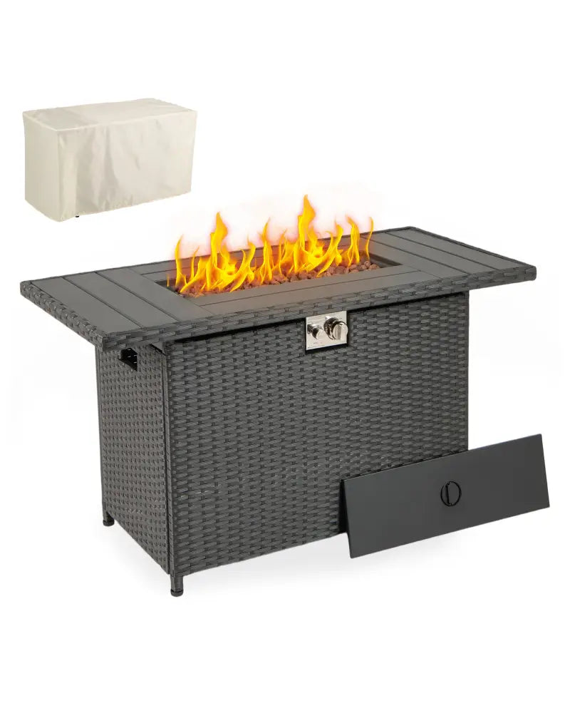 44.5 Inch Propane Fire Pit Table Rattan Gas 2-in-1 with Stainless Steel Burner-Black - Black - Fire Pits