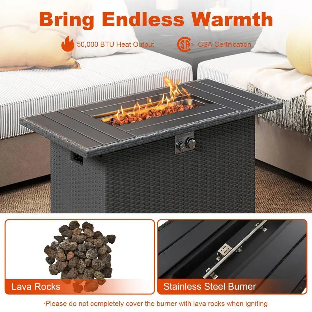 44.5 Inch Propane Fire Pit Table Rattan Gas 2-in-1 with Stainless Steel Burner-Black - Black - Fire Pits