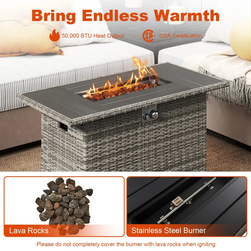 44.5 Inch Propane Fire Pit Table Rattan Gas 2-in-1 with Stainless Steel Burner-Gray - Gray - Fire Pits