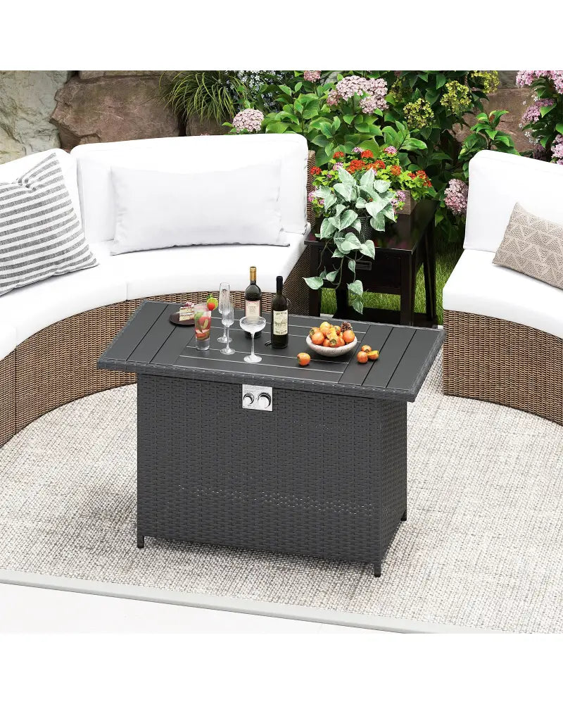 44.5 Inch Propane Fire Pit Table Rattan Gas 2-in-1 with Stainless Steel Burner-Black - Black - Fire Pits