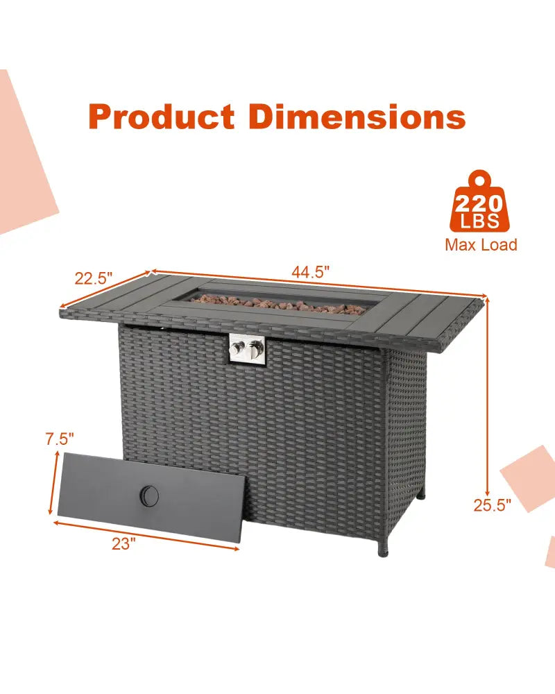 44.5 Inch Propane Fire Pit Table Rattan Gas 2-in-1 with Stainless Steel Burner-Black - Black - Fire Pits