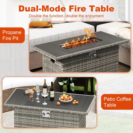 44.5 Inch Propane Fire Pit Table Rattan Gas 2-in-1 with Stainless Steel Burner-Gray - Gray - Fire Pits