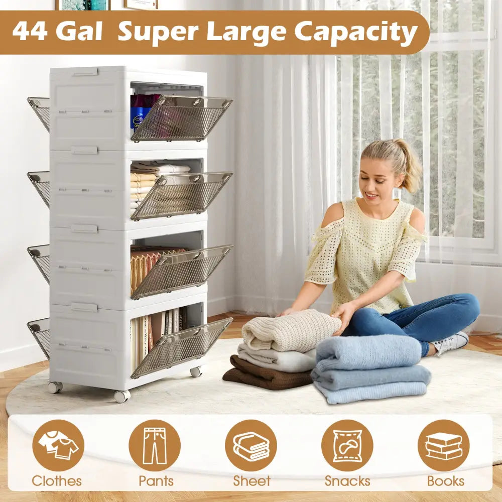 44 Gal 4-Pack Stackable Plastic Storage Bins with Lid for Bedroom Living Room-White - White - Cabinets & Chests