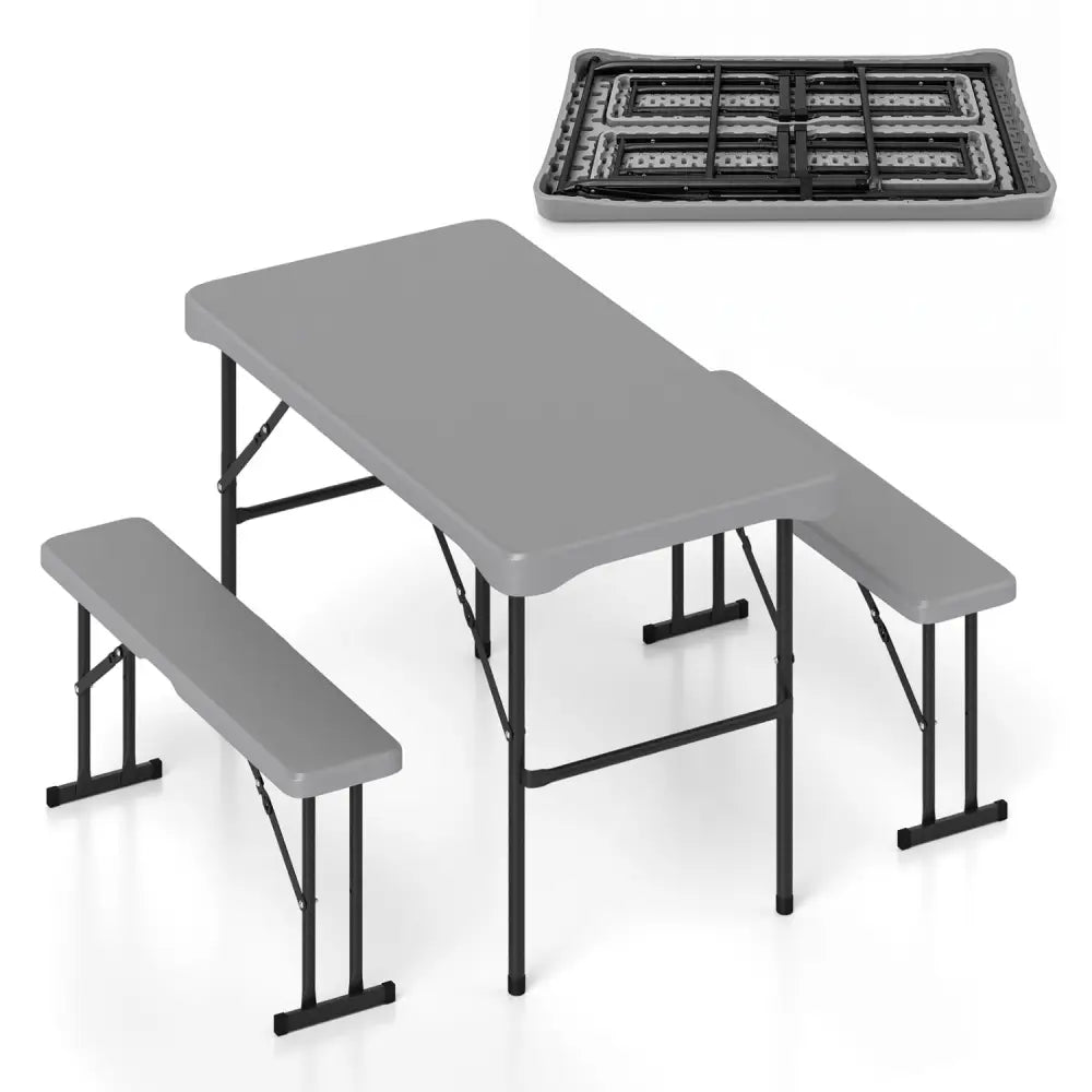 44’’ HDPE Folding Picnic Table Set with 2 Benches-Gray - Gray - Picnic Tables