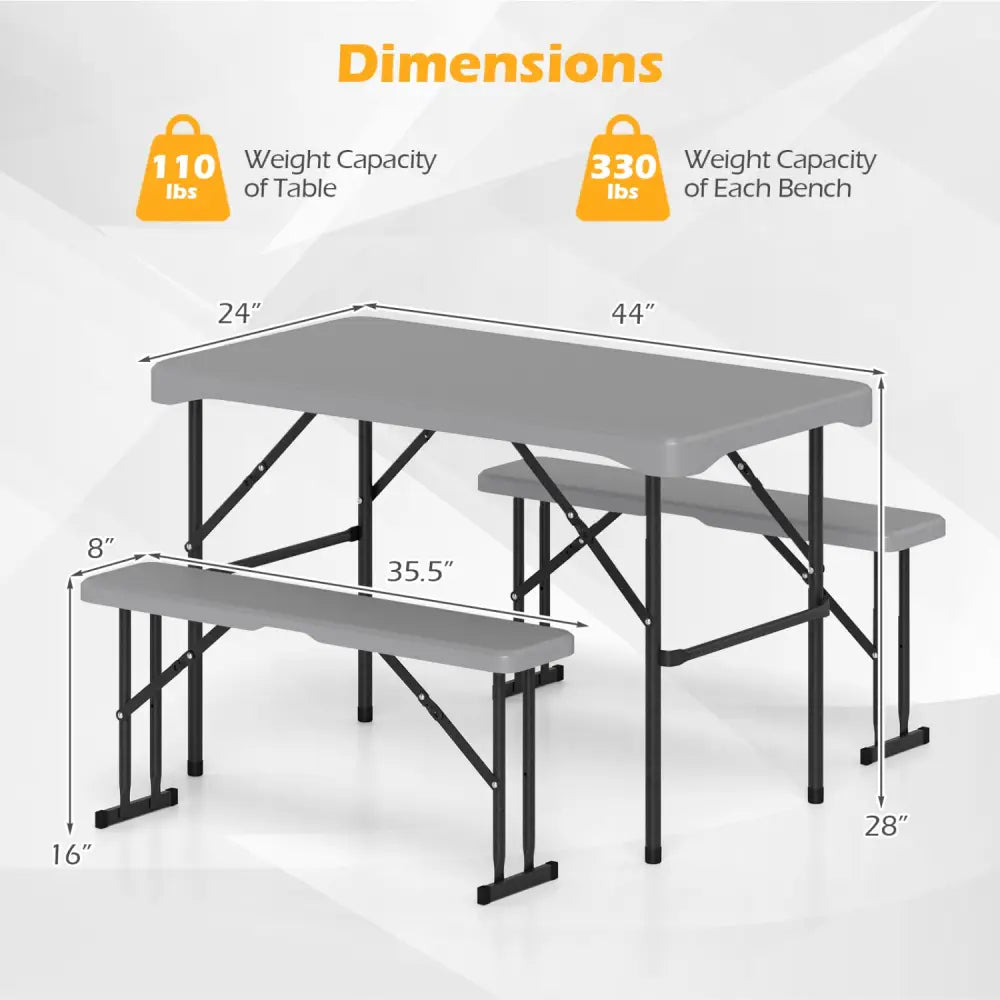 44’’ HDPE Folding Picnic Table Set with 2 Benches-Gray - Gray - Picnic Tables