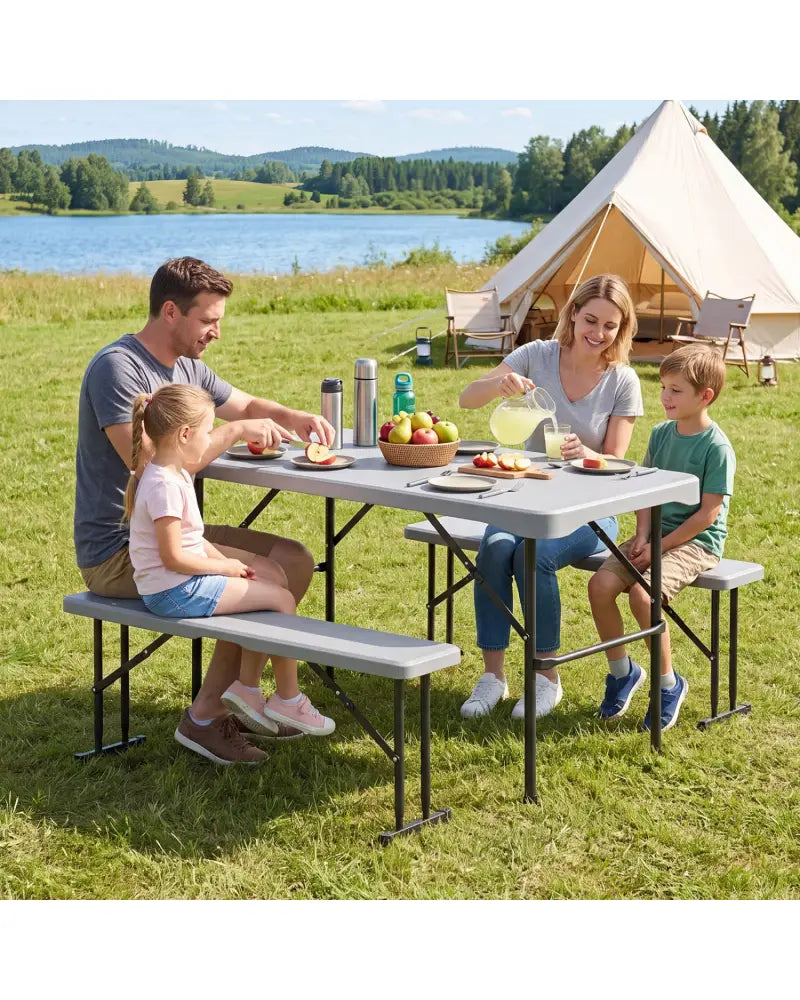 44’’ HDPE Folding Picnic Table Set with 2 Benches-Gray - Gray - Picnic Tables