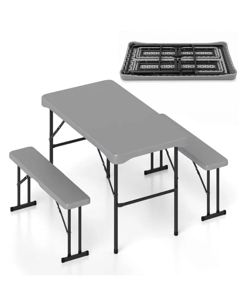 44’’ HDPE Folding Picnic Table Set with 2 Benches-Gray - Gray - Picnic Tables