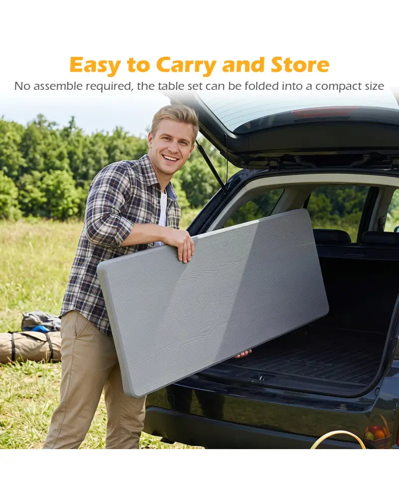 44’’ HDPE Folding Picnic Table Set with 2 Benches-Gray - Gray - Picnic Tables